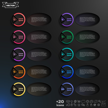 infographic design list with colorful circles on the black background. Business concept. 10 options, parts, steps. Can be used for graph, diagram, chart, workflow layout, number options, webのイラスト素材