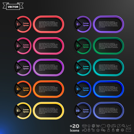 Vector infographic design list with colorful circles on the black background. Business concept. 10 options, parts, steps. Can be used for graph, diagram, chart, workflow layout, number options, webのイラスト素材