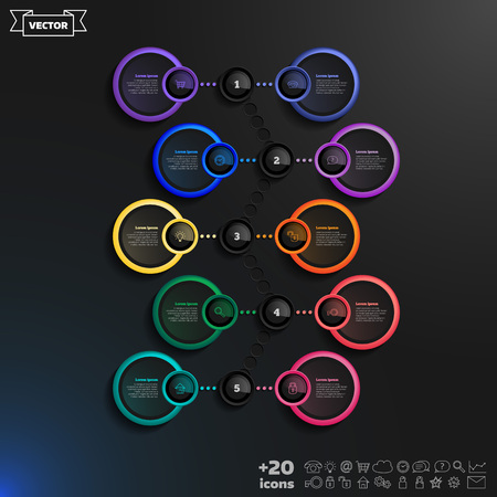 Vector infographic design list with colorful circles on the black background. Business concept. 5 options, parts, steps. Can be used for graph, diagram, chart, workflow layout, number options, webのイラスト素材