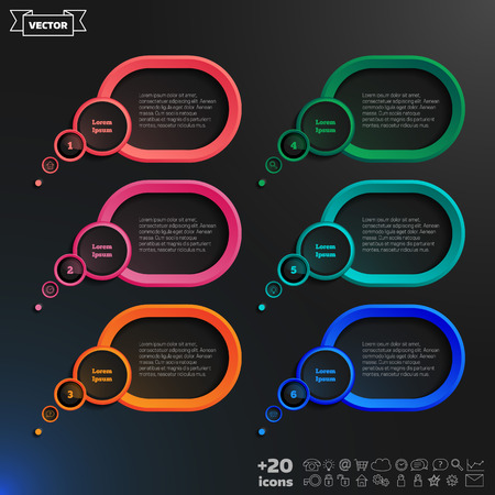 Vector speech bubble infographic elements on the black background. Business concept. 6 options, parts, steps. Can be used for graph, diagram, chart, workflow layout, number options, webのイラスト素材