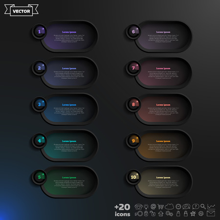 Vector infographic design list with colorful circles on the black background. Business concept. 10 options, parts, steps. Can be used for graph, diagram, chart, workflow layout, number options, webのイラスト素材