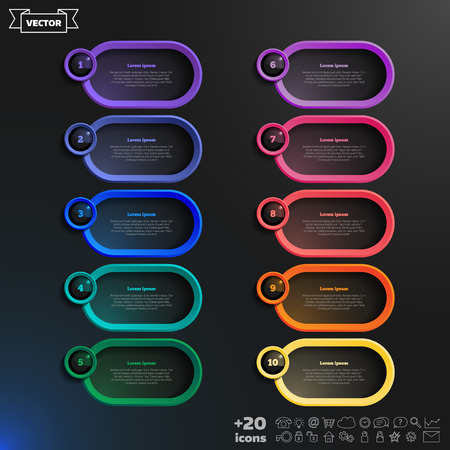 Vector infographic design list with colorful circles on the black background. Business concept. 10 options, parts, steps. Can be used for graph, diagram, chart, workflow layout, number options, webのイラスト素材