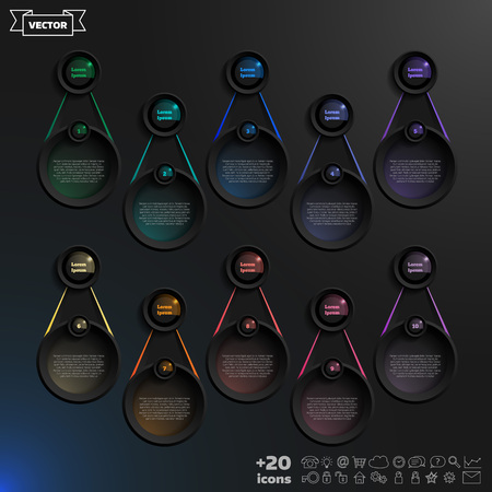 Vector infographic design list with colorful circles on the black background. Business concept. 10 options, parts, steps. Can be used for graph, diagram, chart, workflow layout, number options, webのイラスト素材
