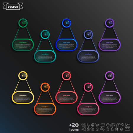 Vector infographic design list with colorful circles on the black background. Business concept. 10 options, parts, steps. Can be used for graph, diagram, chart, workflow layout, number options, webのイラスト素材