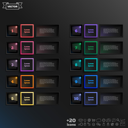 Vector infographic design list with colorful square on the black background. Business concept. 10 options, parts, steps. Can be used for graph, diagram, chart, workflow layout, number options, webのイラスト素材
