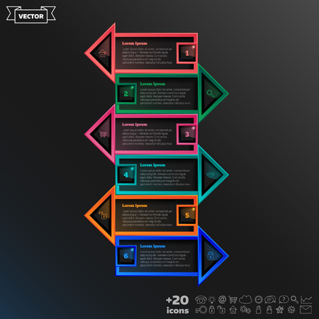 Vector infographic design list with colorful arrow on the black background. Business concept. 6 options, parts, steps. Can be used for graph, diagram, chart, workflow layout, number options, webのイラスト素材