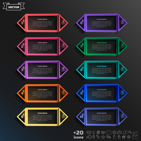 Vector infographic design list with colorful square on the black background. Business concept. 10 options, parts, steps. Can be used for graph, diagram, chart, workflow layout, number options, webのイラスト素材