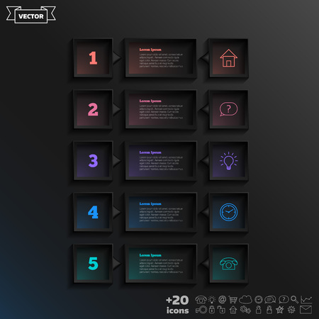 Vector infographic design with colorful square on the black background. Business concept. 5 options, parts, steps. Can be used for graph, diagram, chart, workflow layout, number options, webのイラスト素材