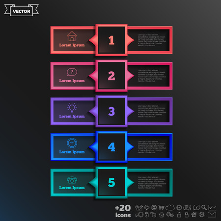 Vector infographic design with colorful square on the black background. Business concept. 5 options, parts, steps. Can be used for graph, diagram, chart, workflow layout, number options, webのイラスト素材
