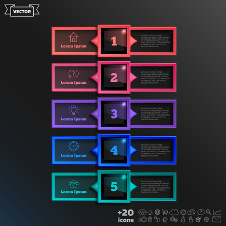 Vector infographic design with colorful square on the black background. Business concept. 5 options, parts, steps. Can be used for graph, diagram, chart, workflow layout, number options, webのイラスト素材