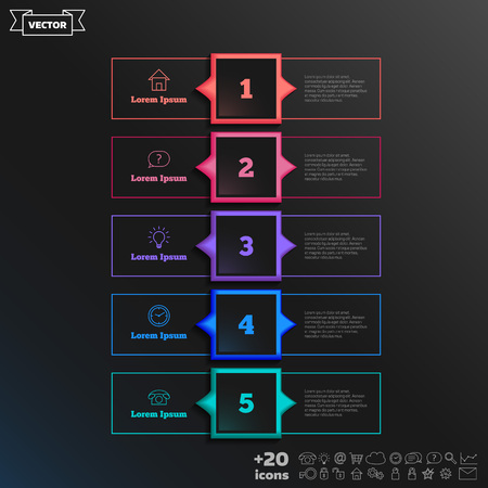Vector infographic design with colorful square on the black background. Business concept. 5 options, parts, steps. Can be used for graph, diagram, chart, workflow layout, number options, webのイラスト素材