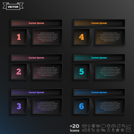 Vector infographic design with colorful square on the black background. Business concept. 6 options, parts, steps. Can be used for graph, diagram, chart, workflow layout, number options, webのイラスト素材