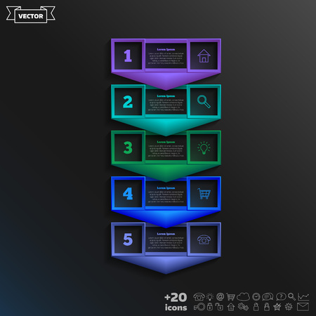 Vector infographic design with colorful square on the black background. Business concept. 5 options, parts, steps. Can be used for graph, diagram, chart, workflow layout, number options, webのイラスト素材