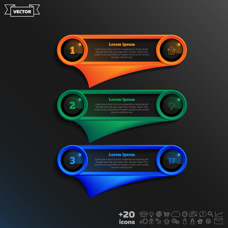 Vector infographic design with colorful square on the black background. Business concept. 3 options, parts, steps. Can be used for graph, diagram, chart, workflow layout, number options, webのイラスト素材