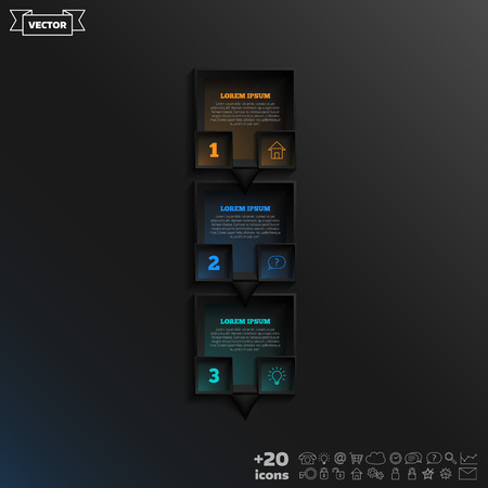 Vector infographic design with colorful square on the black background. Business concept. 3 options, parts, steps. Can be used for graph, diagram, chart, workflow layout, number options, webのイラスト素材