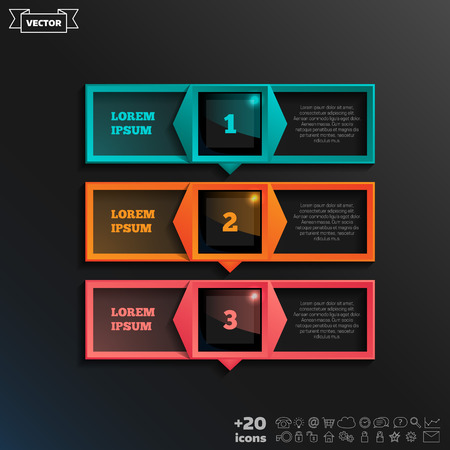 Vector infographic design with colorful square on the black background. Business concept. 3 options, parts, steps. Can be used for graph, diagram, chart, workflow layout, number options, webのイラスト素材