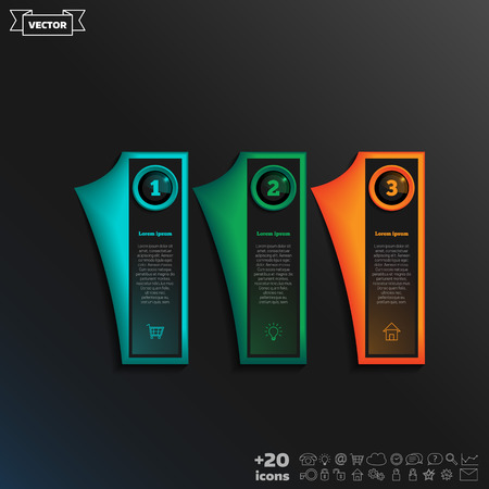 Vector infographic design with colorful square on the black background. Business concept. 3 options, parts, steps. Can be used for graph, diagram, chart, workflow layout, number options, webのイラスト素材
