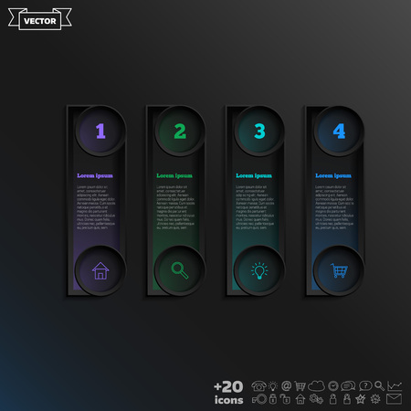 Vector infographic design with colorful square on the black background. Business concept. 4 options, parts, steps. Can be used for graph, diagram, chart, workflow layout, number options, webのイラスト素材