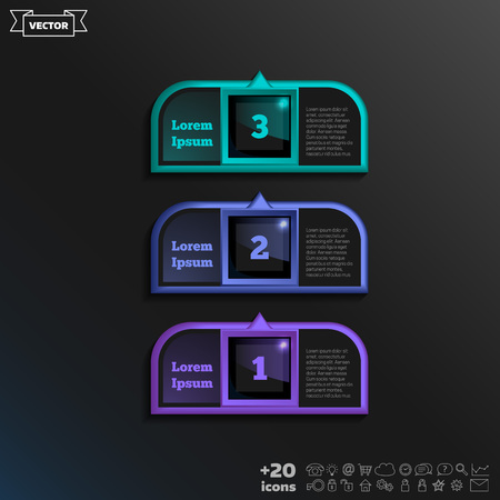 Vector infographic design with colorful square on the black background. Business concept. 3 options, parts, steps. Can be used for graph, diagram, chart, workflow layout, number options, webのイラスト素材