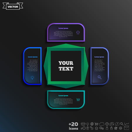 Vector infographic design with colorful square on the black background. Business concept. 4 options, parts, steps. Can be used for graph, diagram, chart, workflow layout, number options, webのイラスト素材