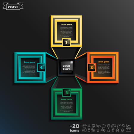 Vector infographic design with colorful square on the black background. Business concept. 4 options, parts, steps. Can be used for graph, diagram, chart, workflow layout, number options, webのイラスト素材