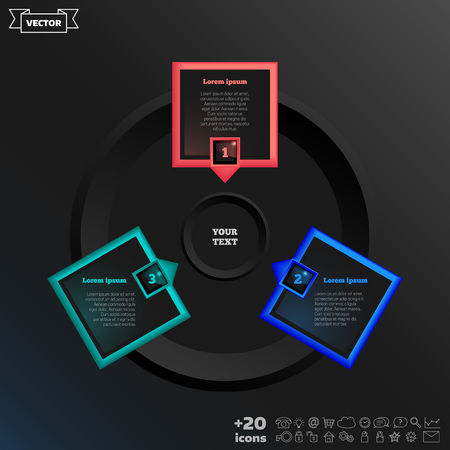Vector infographic design with colorful square on the black background. Business concept. 3 options, parts, steps. Can be used for graph, diagram, chart, workflow layout, number options, webのイラスト素材