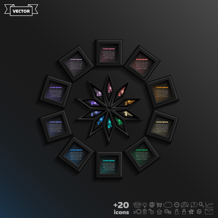 Vector infographic design with colorful square on the black background. Business concept. 10 options, parts, steps. Can be used for graph, diagram, chart, workflow layout, number options, webのイラスト素材