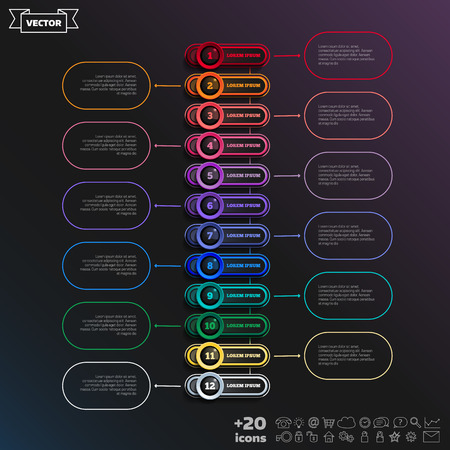 Timeline infographics design with colorful circle on the black background. Business concept. 12 options, parts, steps. Can be used for graph, diagram, chart, workflow layout, number options, web. Vector illustration.のイラスト素材