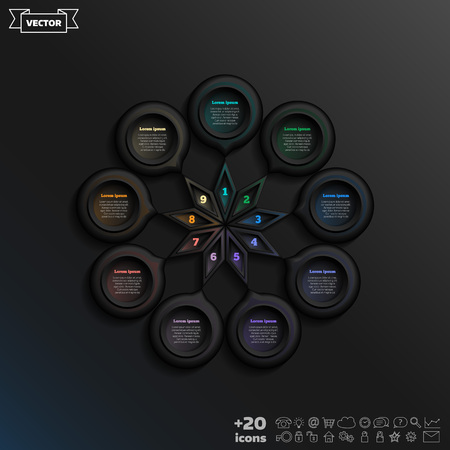 Vector infographic design with colorful circle on the black background. Business concept. 9 options, parts, steps. Can be used for graph, diagram, chart, workflow layout, number options, webのイラスト素材