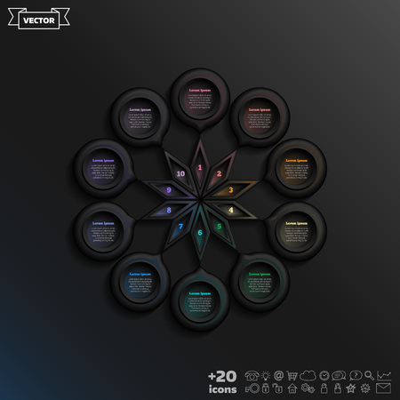 Vector infographic design with colorful circle on the black background. Business concept. 10 options, parts, steps. Can be used for graph, diagram, chart, workflow layout, number options, webのイラスト素材