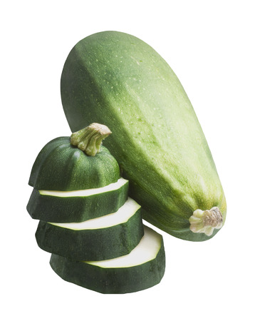 Two green zucchini, isolated on white backgroundの写真素材