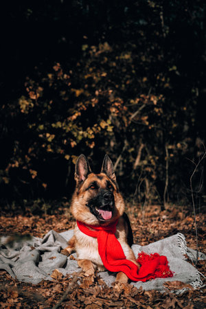 Charming curious thoroughbred dog at an autumn photo shoot. Beautiful picture of the dog for calendar. A German shepherd with a red scarf lies on a gray blanket in a yellow autumn forest and poses.の写真素材