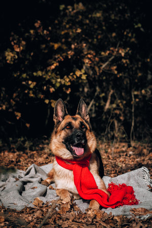 Charming curious thoroughbred dog at an autumn photo shoot. Beautiful picture of the dog for calendar. A German shepherd with a red scarf lies on a gray blanket in a yellow autumn forest and poses.の写真素材