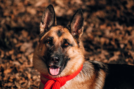 Beautiful picture of the dog for the calendar. Portrait of a black and red German shepherd in a red knitted scarf. Charming thoroughbred friendly dog. Shepherd dog on a background of Golden leaves.の写真素材