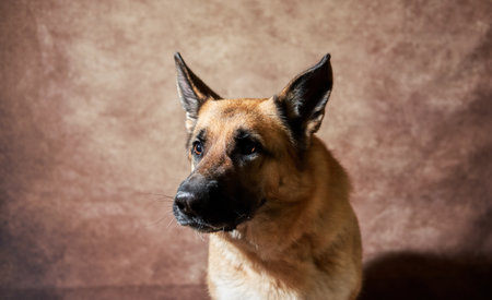 German shepherd catches food on brown studio background. Emotional shots with close up portrait of dog. Adorable pet dog eats dry food and poses.の写真素材