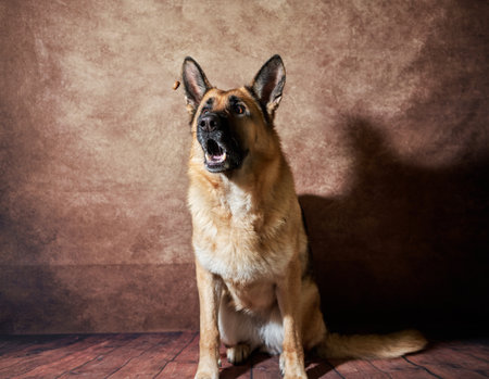 German shepherd catches food on brown studio background. Emotional shots with close up portrait of dog. Adorable pet dog eats dry food and poses.の写真素材