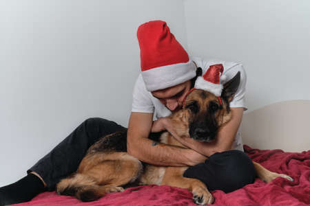 Young Caucasian European man with beard and red Santa hat is sitting on blanket and hugging German Shepherd. Celebrate Christmas and New Year together with dog at home.の写真素材