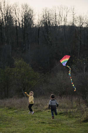 Little Caucasian girl and boy play in field with kite and launch it into air. Have fun spending childhood outdoors in nature. Lifestyle concept. Brother and sister.の写真素材