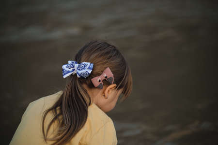 Hairstyle of Caucasian little girl close up - brown hair gathered in tail and two bows blue and...