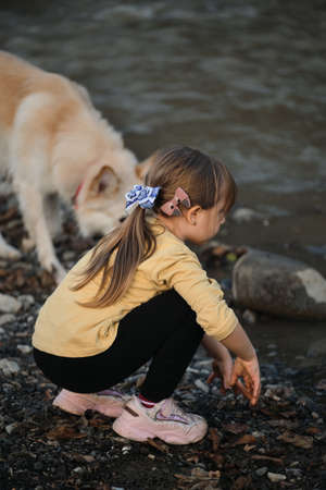 Little Caucasian girl with brown hair braided in ponytail and two bright bows in hairstyle is squatting by river next to her big white mongrel dog. Spend childhood in nature.の写真素材