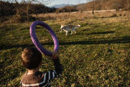 Little boy is holding blue toy dog ring in hand and wants to throw it to white big dog and play with. Rear view slightly from side. Have fun spending time with mans best friend.の写真素材