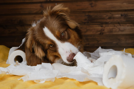 Aussie is young crazy dog gnawing on napkins. Dog is alone at home entertaining by eating toilet paper. Charming brown Australian Shepherd puppy is playing with paper on bed on yellow blanket.の写真素材