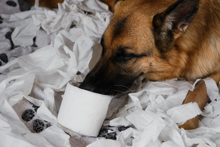 Dog is alone at home entertaining by eating toilet paper. Charming German Shepherd dog playing with paper lying on bed. Young crazy dog makes mess and rejoices. view from above.の写真素材