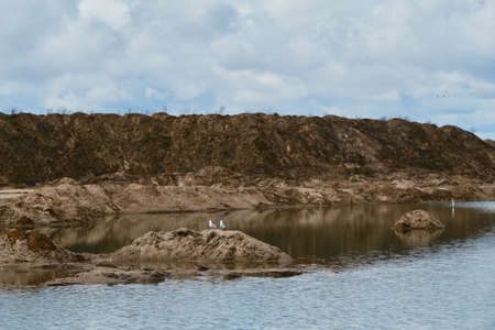 Quarries with sand and a reservoir in Russia, Moscow region. Artificially made lakes and ponds. Seagulls are sitting on a small island in the middle of the water.の写真素材
