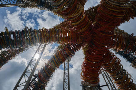 Nikola-Lenivets, KALUGA REGION, Russia - 15 May 2022. Unusual sculpture Ugruan made of multicolored...