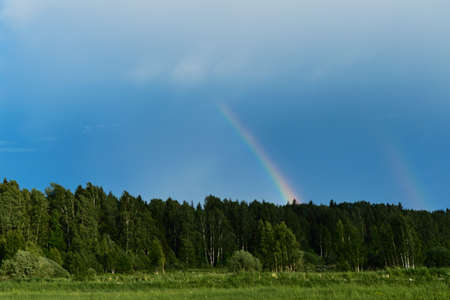 Double rainbow in village in summer after rain. The first is clearly visible, the second is dim. Green mixed forest and field with fresh grass. An interesting natural phenomenon.の写真素材