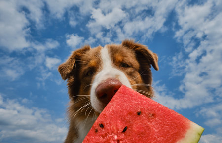 Concept of pets as people. Australian Shepherd dog eats juicy fresh watermelon outside in summer. Aussie enjoys eating fruit on warm day. Dog on background of blue sky with clouds.の写真素材