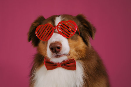 Concept of Valentine's Day. Postcard with pet on pink background. Australian Shepherd dog wears creative glasses in shape of red hearts. Congratulations for wedding, anniversary or birthday.の写真素材