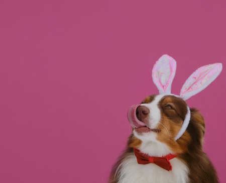 Brown Australian Shepherd with Easter bunny ears on pink looks up and licks nose. Dog wears red bow tie. greeting card with copy space. Concept of pet celebrating Catholic Easter in hare costume.の写真素材