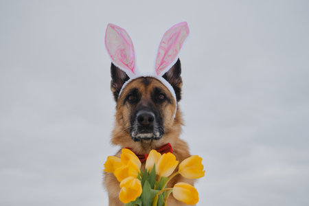 Gentleman dog wears red bow tie outdoor. greeting card. Concept of pet celebrating Catholic Easter. German shepherd with pink Easter bunny ears and bouquet of yellow tulips meets spring.の写真素材